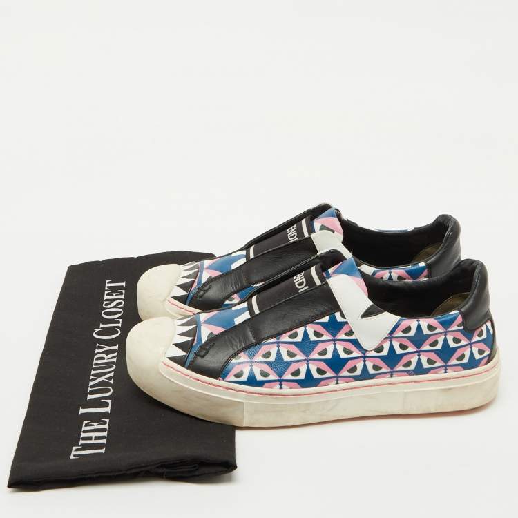 Pre Owned Fendi Multicolor Bug Eye Print Leather Slip On Sneakers Size 38