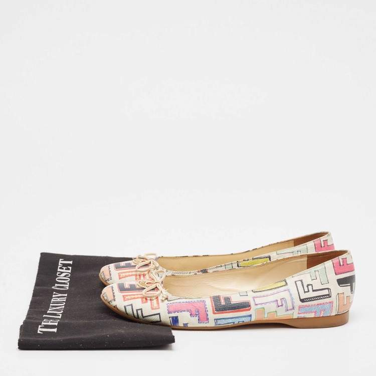 Pre Owned Fendi White Multicolor Zucca Spalmati Ballet Flats Size 39.5