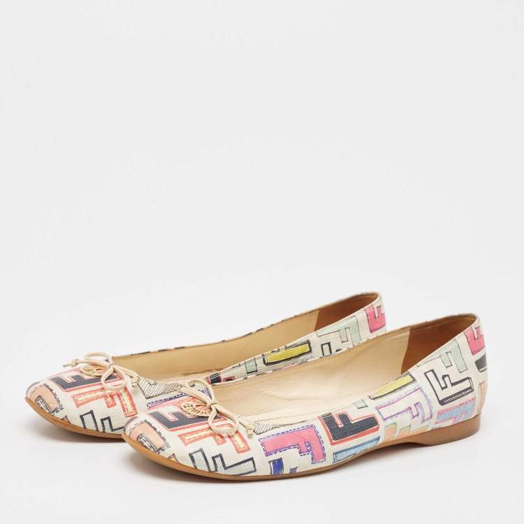 Pre Owned Fendi White Multicolor Zucca Spalmati Ballet Flats Size 39.5
