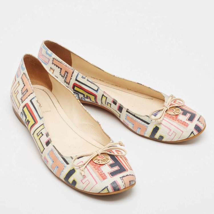 Pre Owned Fendi White Multicolor Zucca Spalmati Ballet Flats Size 39.5