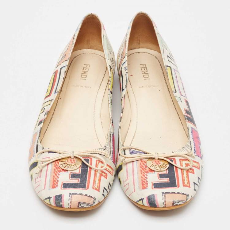 Pre Owned Fendi White Multicolor Zucca Spalmati Ballet Flats Size 39.5