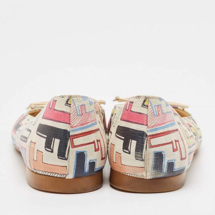 Pre Owned Fendi White Multicolor Zucca Spalmati Ballet Flats Size 39.5