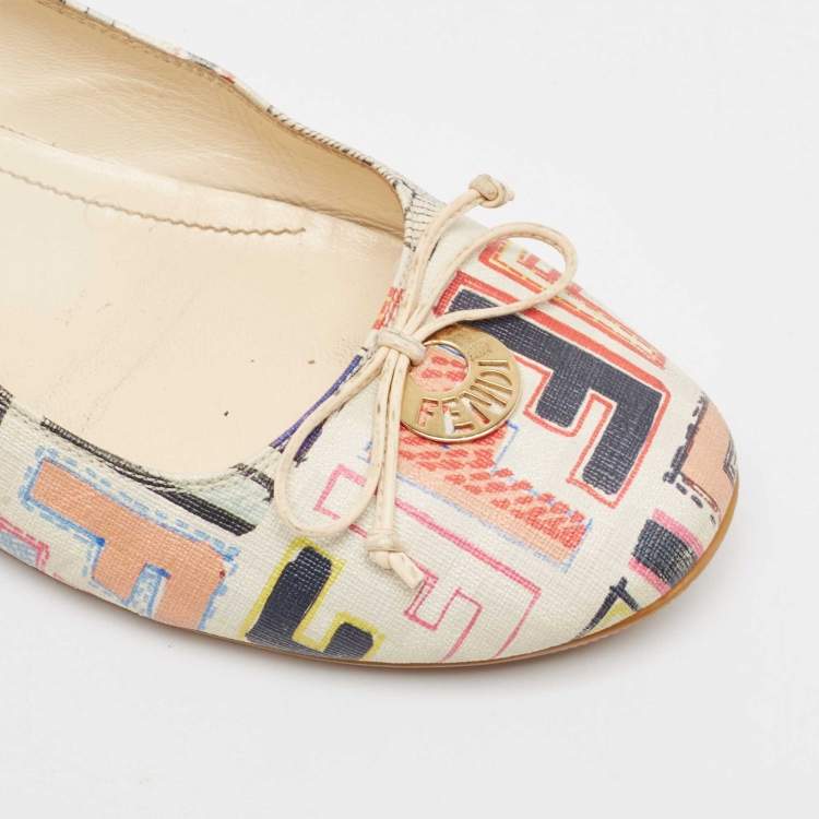 Pre Owned Fendi White Multicolor Zucca Spalmati Ballet Flats Size 39.5