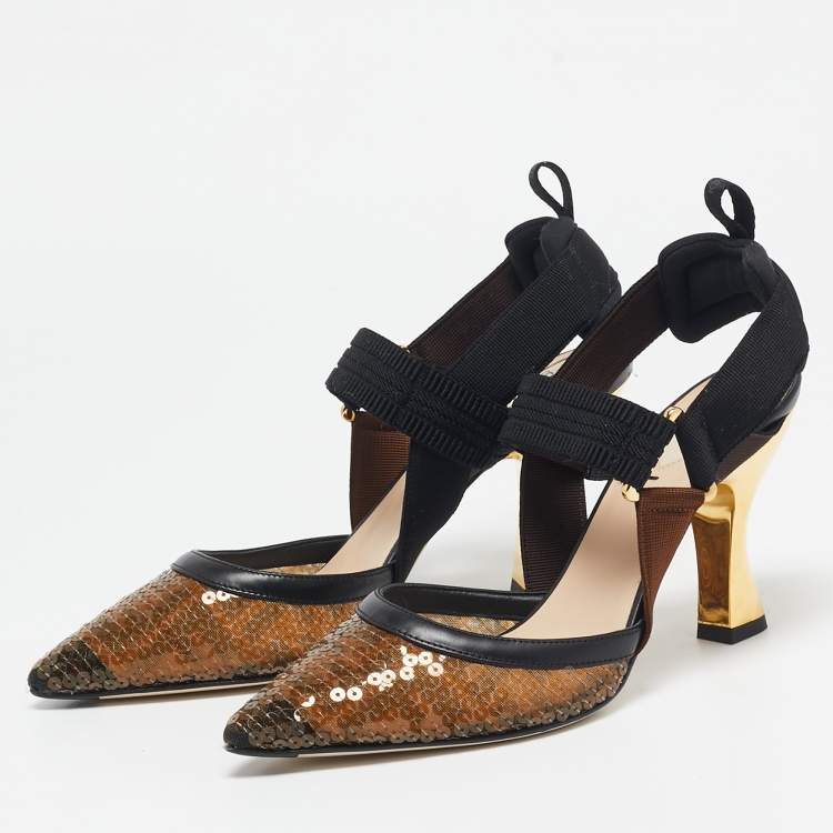 Pre Owned Fendi Brown/Black Zucca Sequins and Leather Colibri Slingback Pumps Size 37