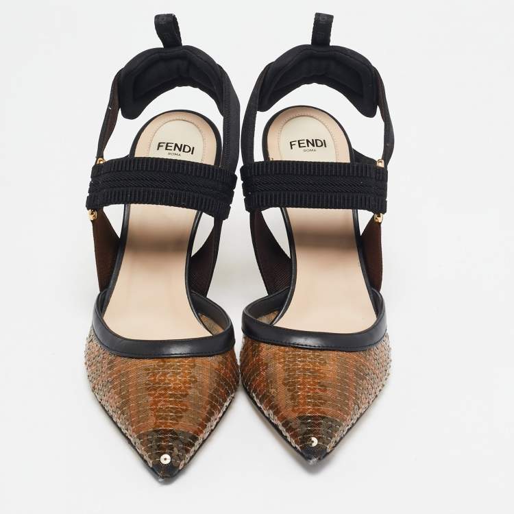Pre Owned Fendi Brown/Black Zucca Sequins and Leather Colibri Slingback Pumps Size 37