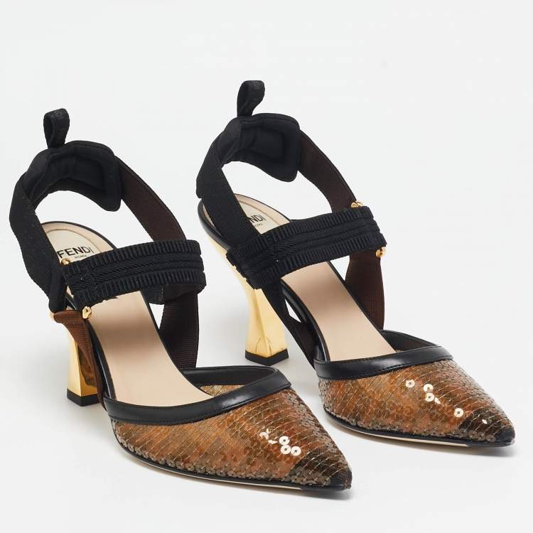 Pre Owned Fendi Brown/Black Zucca Sequins and Leather Colibri Slingback Pumps Size 37