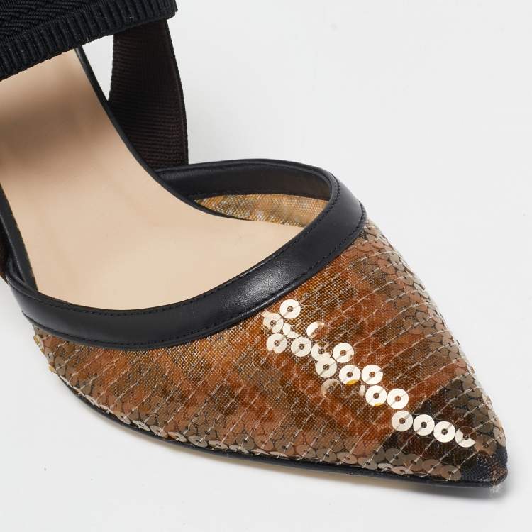 Pre Owned Fendi Brown/Black Zucca Sequins and Leather Colibri Slingback Pumps Size 37