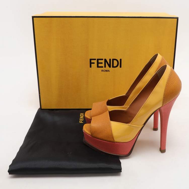 Pre Owned Fendi Tri Color Fendista Colorblock Lizard-Embossed Leather Peep Toe Platform Pumps Size 36