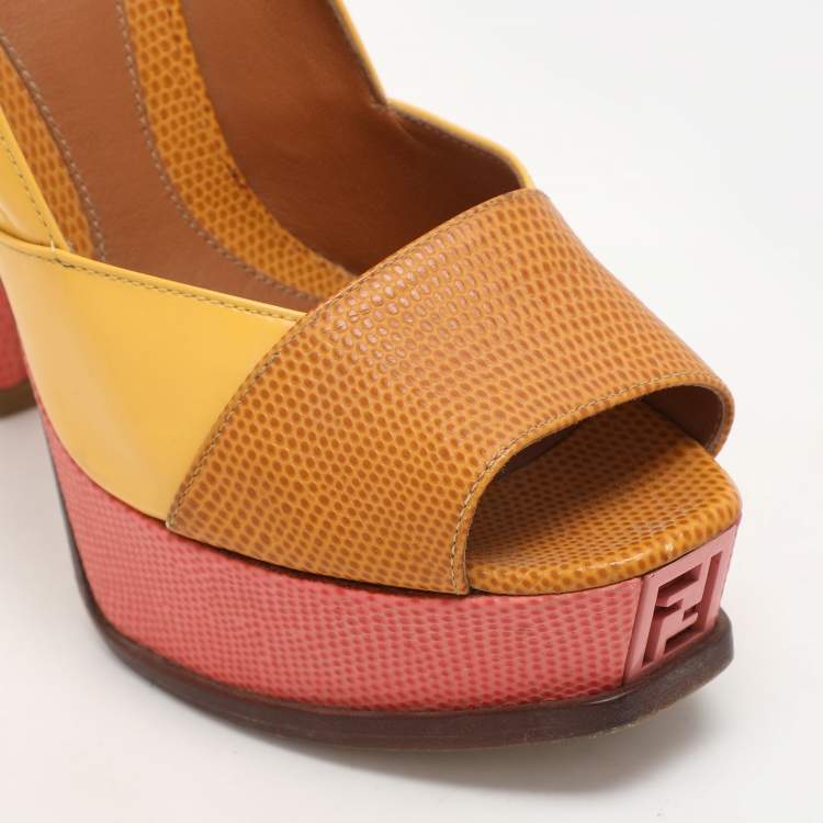 Pre Owned Fendi Tri Color Fendista Colorblock Lizard-Embossed Leather Peep Toe Platform Pumps Size 36