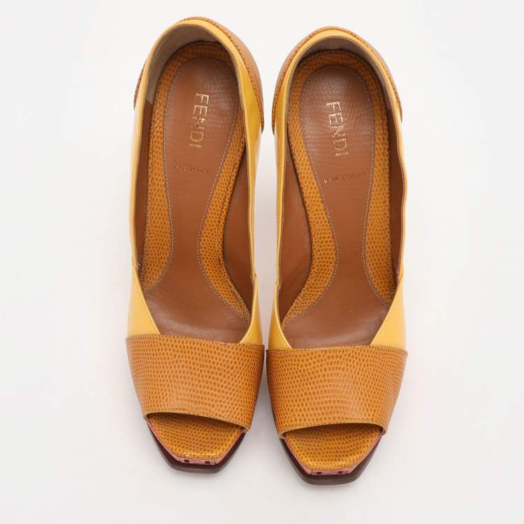 Pre Owned Fendi Tri Color Fendista Colorblock Lizard-Embossed Leather Peep Toe Platform Pumps Size 36