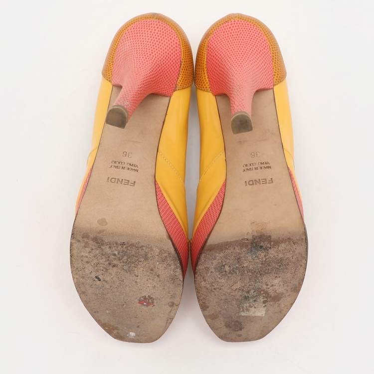 Pre Owned Fendi Tri Color Fendista Colorblock Lizard-Embossed Leather Peep Toe Platform Pumps Size 36
