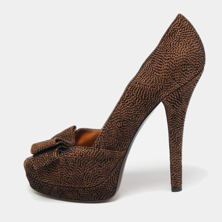 Pre Owned Fendi Brown/Black Textured Suede Bow Peep Toe Pumps Size 38