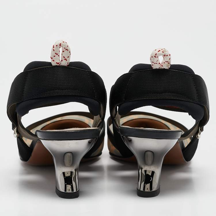 Pre Owned Fendi Brown/Black Zucca Mesh and Fabric Colibri Slingback Pumps Size 37.5