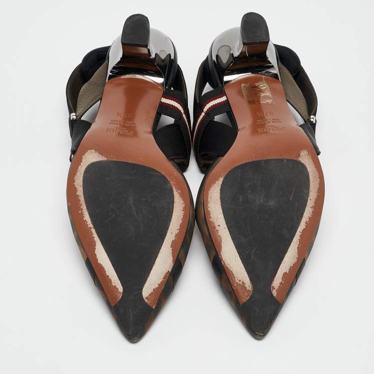 Pre Owned Fendi Brown/Black Zucca Mesh and Fabric Colibri Slingback Pumps Size 37.5