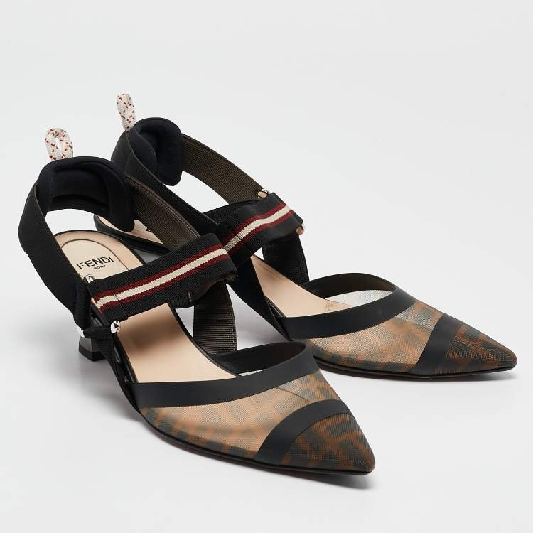 Pre Owned Fendi Brown/Black Zucca Mesh and Fabric Colibri Slingback Pumps Size 37.5