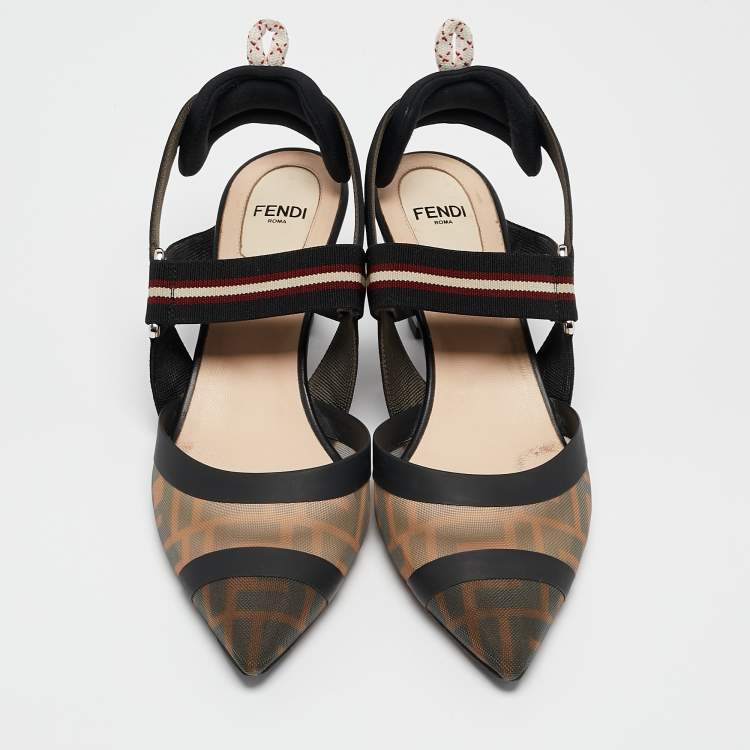 Pre Owned Fendi Brown/Black Zucca Mesh and Fabric Colibri Slingback Pumps Size 37.5