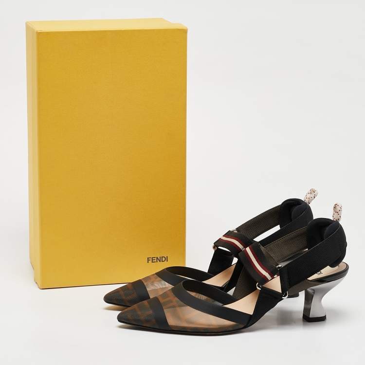 Pre Owned Fendi Brown/Black Zucca Mesh and Fabric Colibri Slingback Pumps Size 37.5