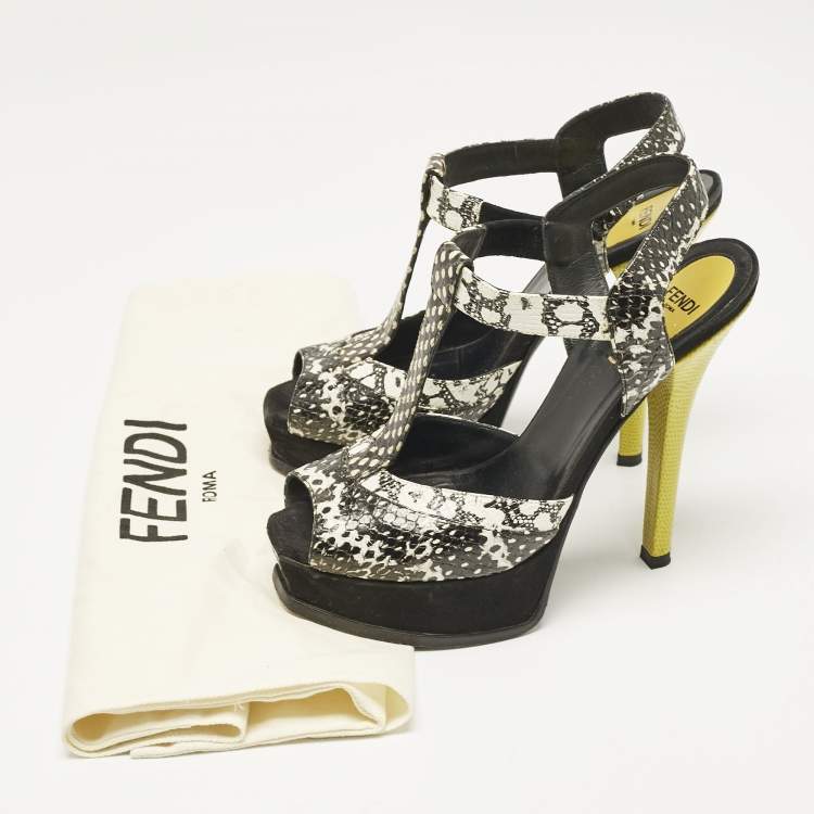 Pre Owned Fendi Multicolor Python Embossed Leather and Suede Animal Print T-Strap Sandals Size 38.5