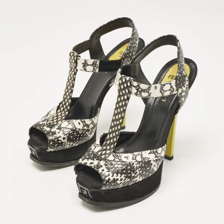 Pre Owned Fendi Multicolor Python Embossed Leather and Suede Animal Print T-Strap Sandals Size 38.5