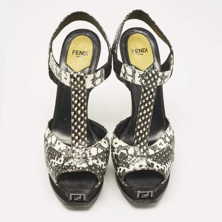 Pre Owned Fendi Multicolor Python Embossed Leather and Suede Animal Print T-Strap Sandals Size 38.5