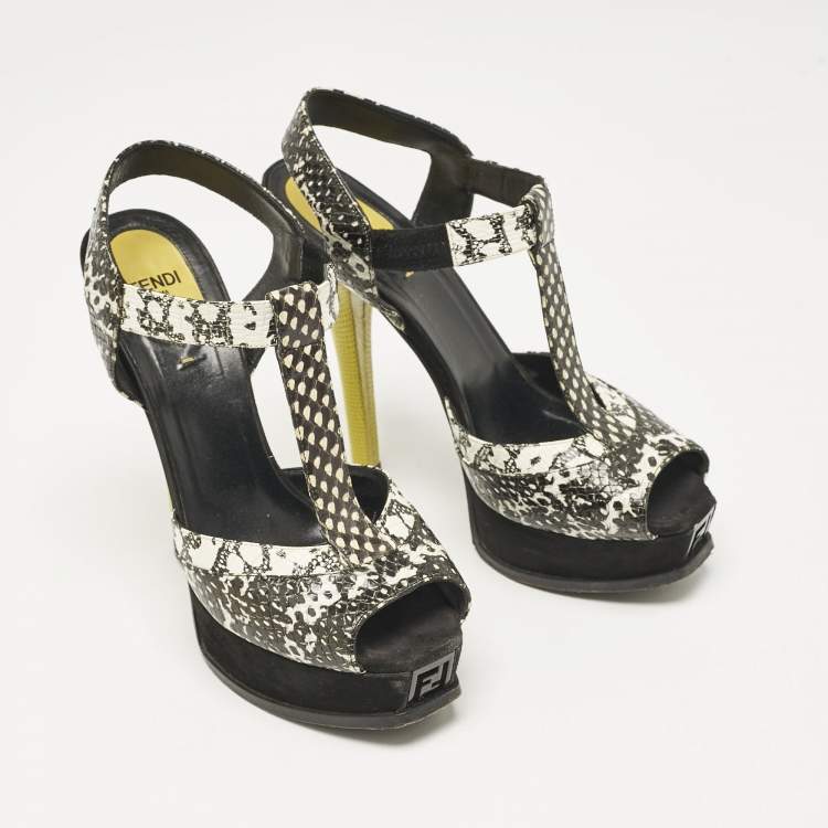 Pre Owned Fendi Multicolor Python Embossed Leather and Suede Animal Print T-Strap Sandals Size 38.5