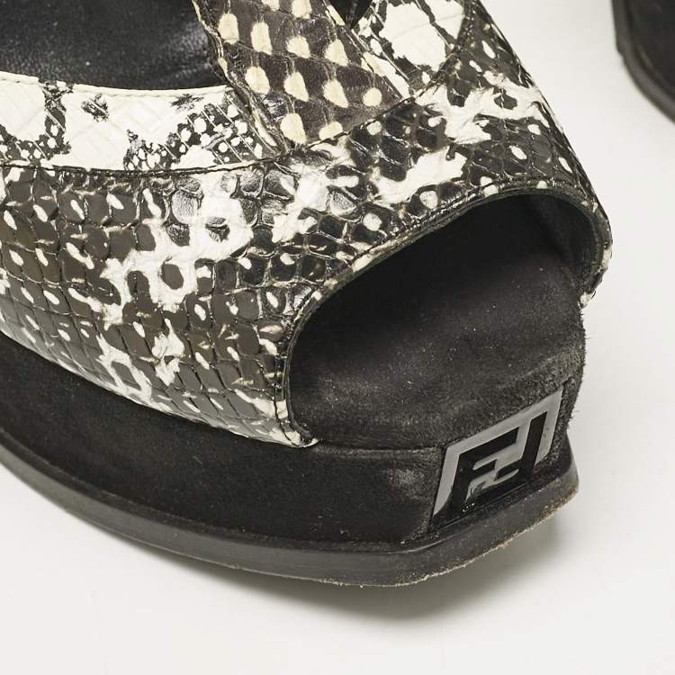 Pre Owned Fendi Multicolor Python Embossed Leather and Suede Animal Print T-Strap Sandals Size 38.5