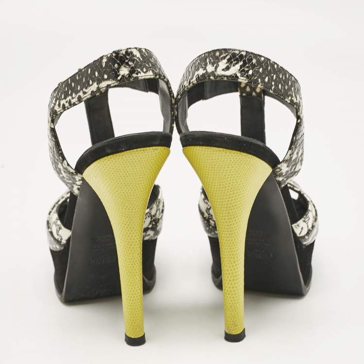 Pre Owned Fendi Multicolor Python Embossed Leather and Suede Animal Print T-Strap Sandals Size 38.5