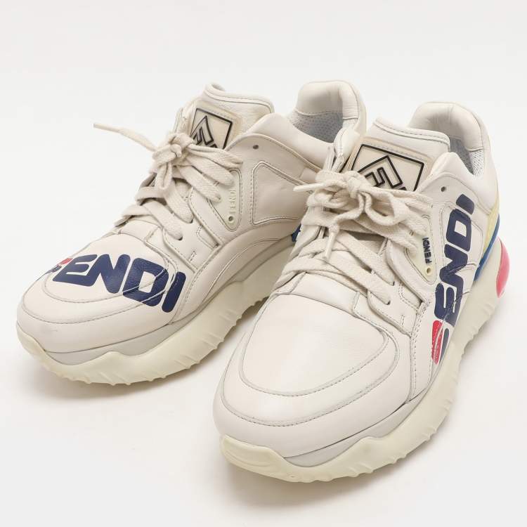 Pre Owned Fendi Off-White Leather and Rubber Fendi-Fila Mania Logo Low Top Sneakers 37.5