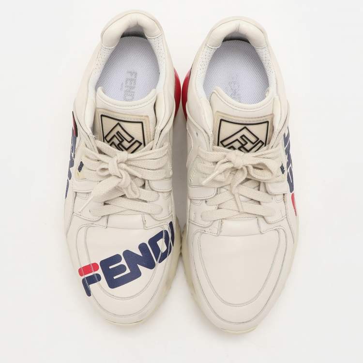 Pre Owned Fendi Off-White Leather and Rubber Fendi-Fila Mania Logo Low Top Sneakers 37.5