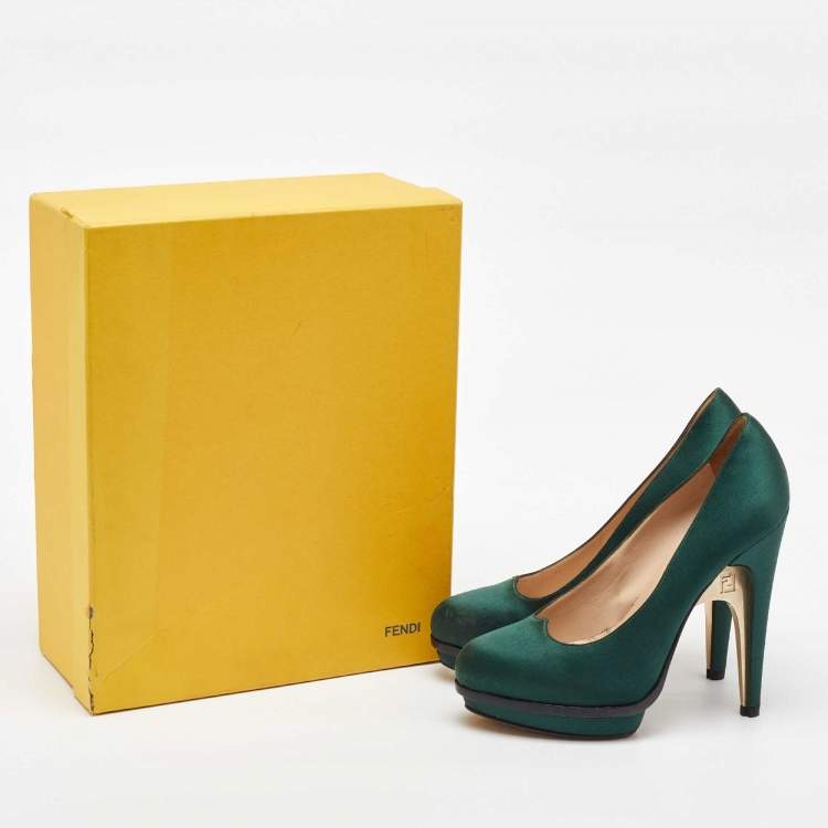 Pre Owned Fendi Dark Green Satin Bridge Heel Platform Pumps Size 38
