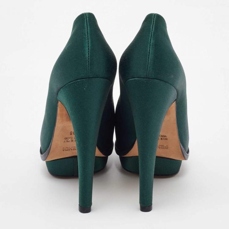 Pre Owned Fendi Dark Green Satin Bridge Heel Platform Pumps Size 38