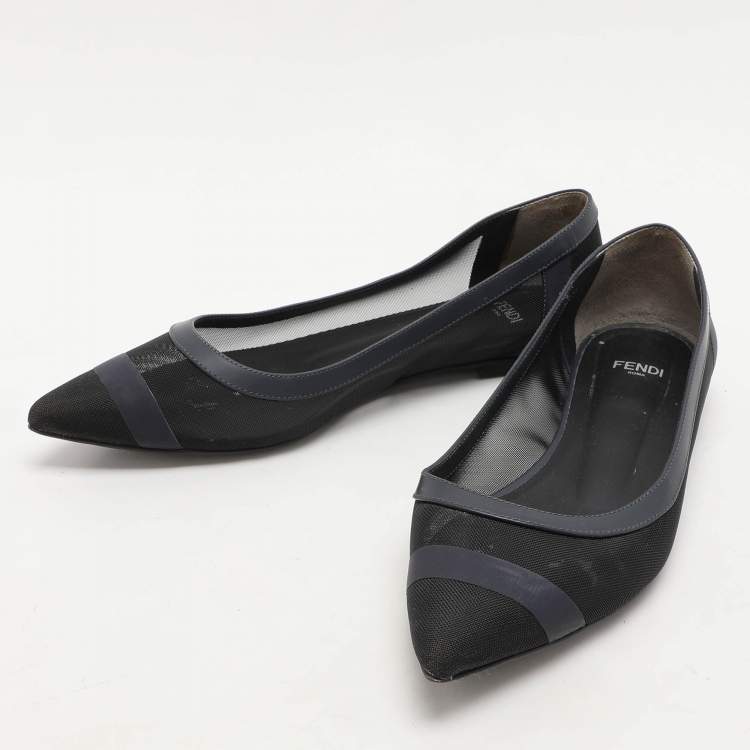 Pre Owned Fendi Black/Blue Mesh And Leather Colibri Ballet Flats Size 37