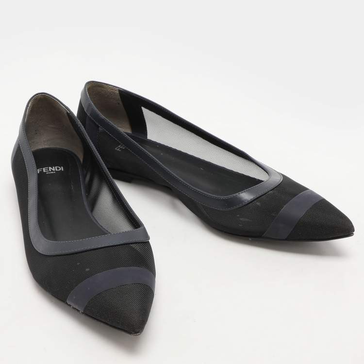Pre Owned Fendi Black/Blue Mesh And Leather Colibri Ballet Flats Size 37
