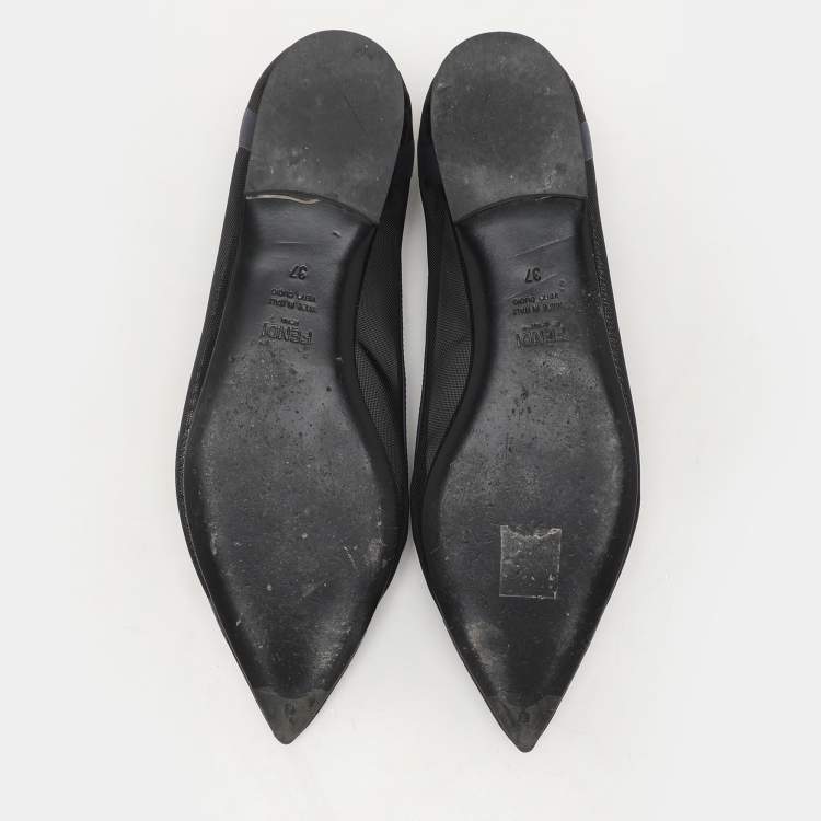 Pre Owned Fendi Black/Blue Mesh And Leather Colibri Ballet Flats Size 37