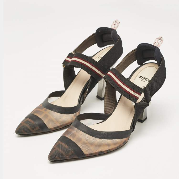 Pre Owned Fendi Brown Zucca Mesh and Canvas Colibri Slingback Pumps Size 39