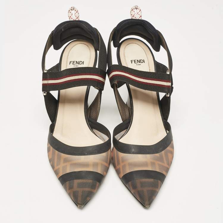 Pre Owned Fendi Brown Zucca Mesh and Canvas Colibri Slingback Pumps Size 39