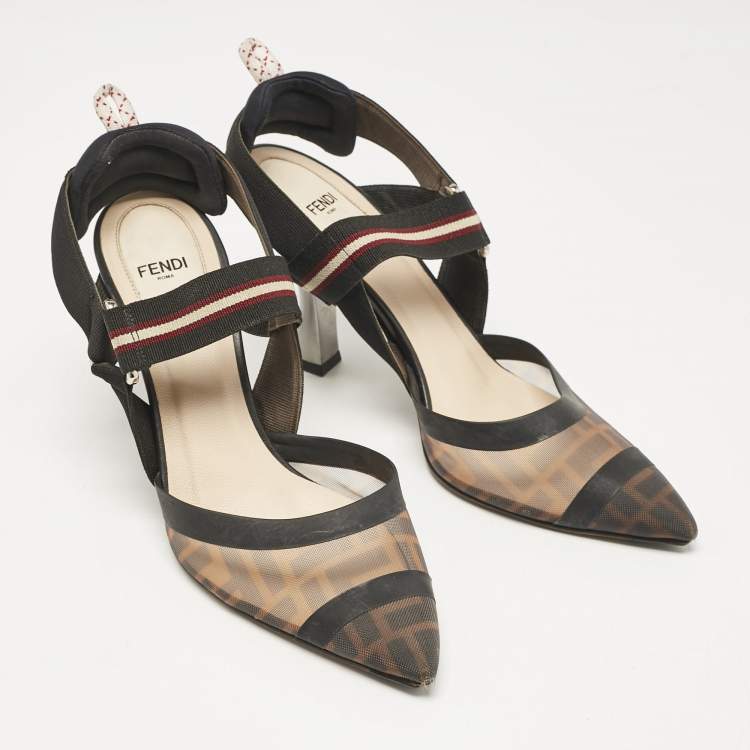 Pre Owned Fendi Brown Zucca Mesh and Canvas Colibri Slingback Pumps Size 39