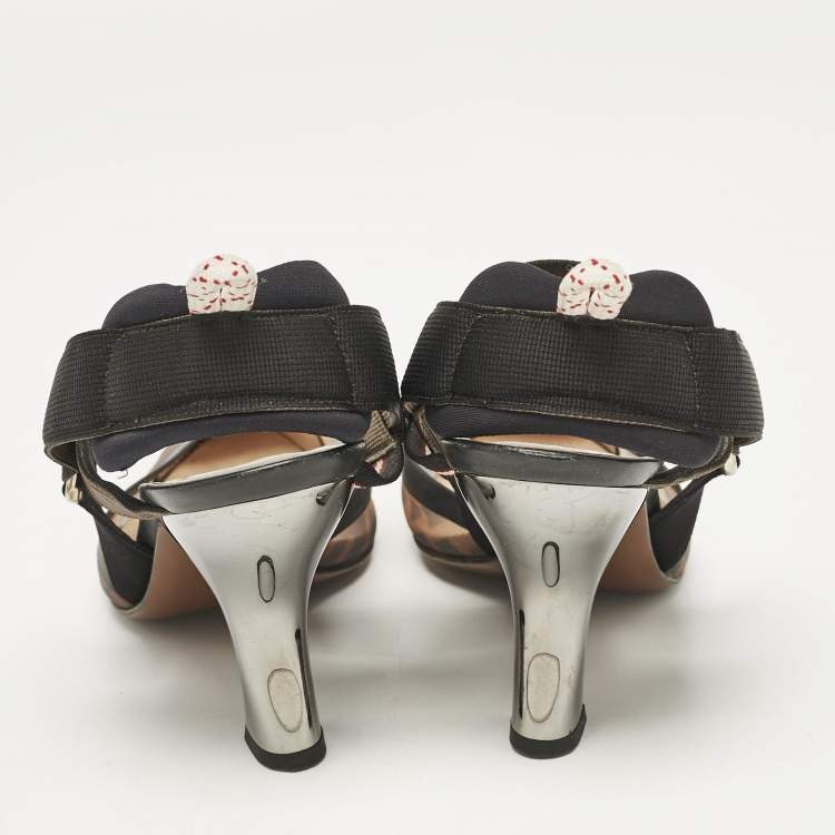 Pre Owned Fendi Brown Zucca Mesh and Canvas Colibri Slingback Pumps Size 39