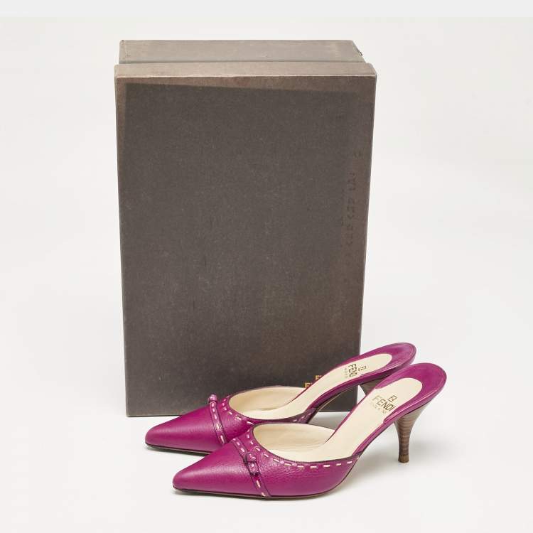 Pre Owned Fendi Magenta Pink Leather Pointed Toe Mules Size 35