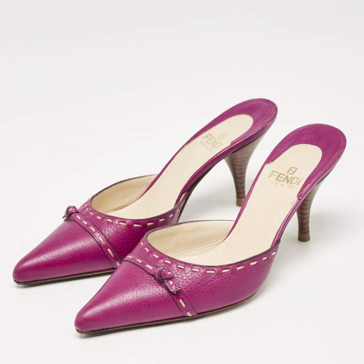 Pre Owned Fendi Magenta Pink Leather Pointed Toe Mules Size 35