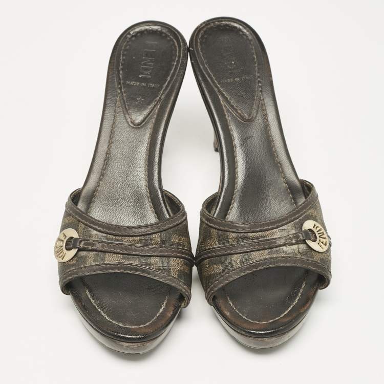 Pre Owned Fendi Brown Zucca Coated Canvas and Leather Platform Slide Sandals Size 38