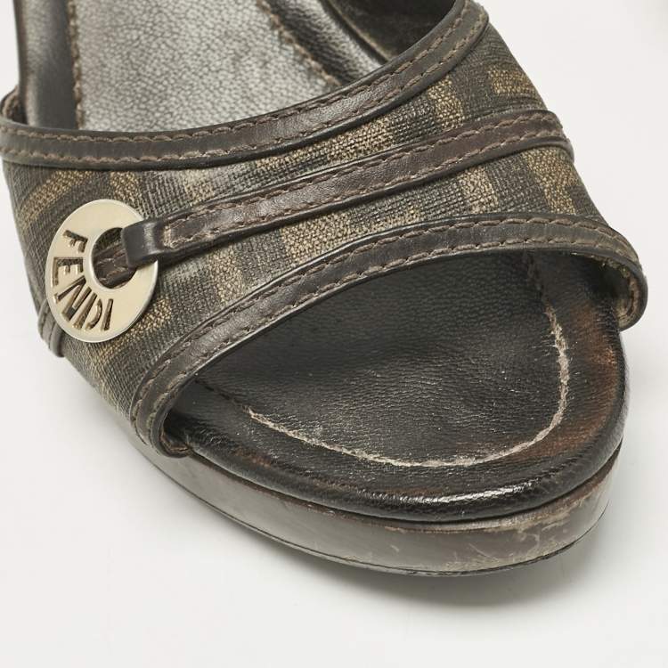 Pre Owned Fendi Brown Zucca Coated Canvas and Leather Platform Slide Sandals Size 38