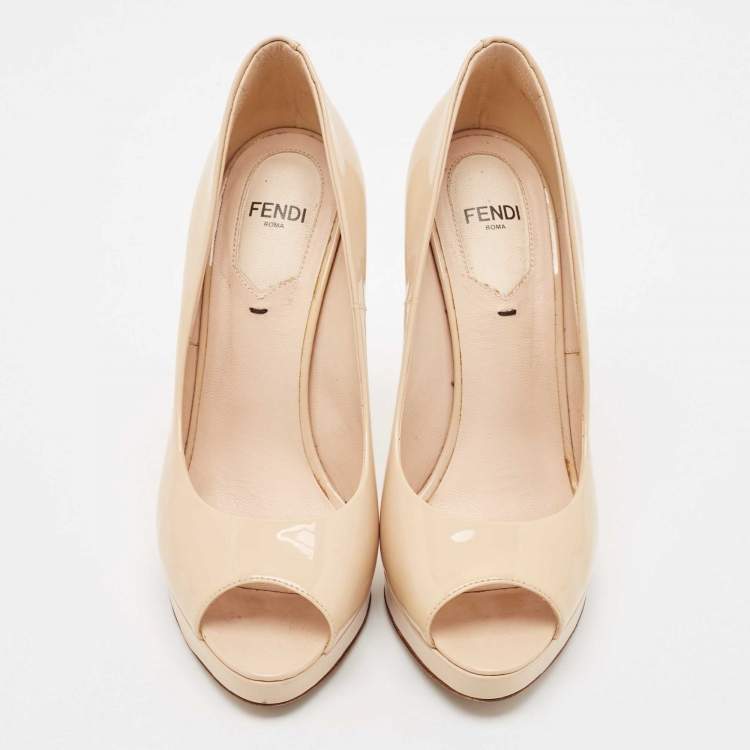 Pre Owned Fendi Beige Patent Leather Platform Peep Toe  Pumps Size 36