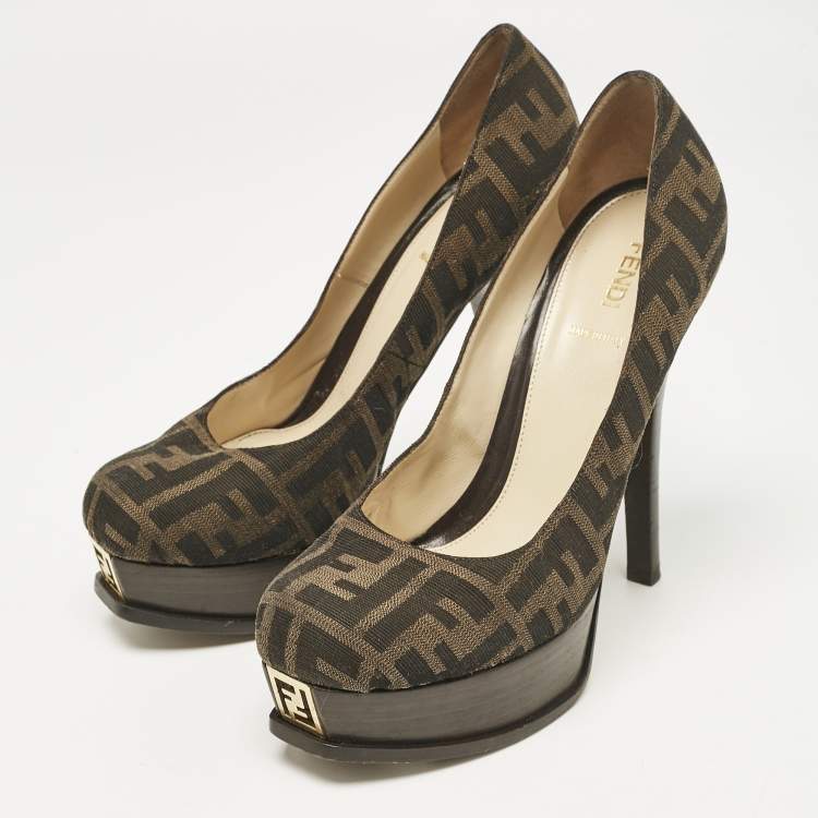 Pre Owned Fendi Brown Zucca Canvas Fendista Platform Pumps Size 39