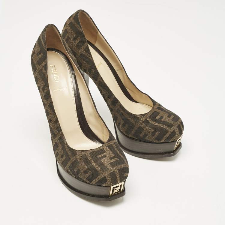 Pre Owned Fendi Brown Zucca Canvas Fendista Platform Pumps Size 39