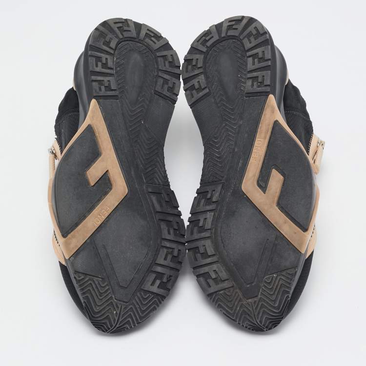 Pre Owned Fendi Black/Beige Mesh And Suede Flow Logo Low Top Sneakers Size 38