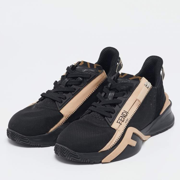 Pre Owned Fendi Black/Beige Mesh And Suede Flow Logo Low Top Sneakers Size 38