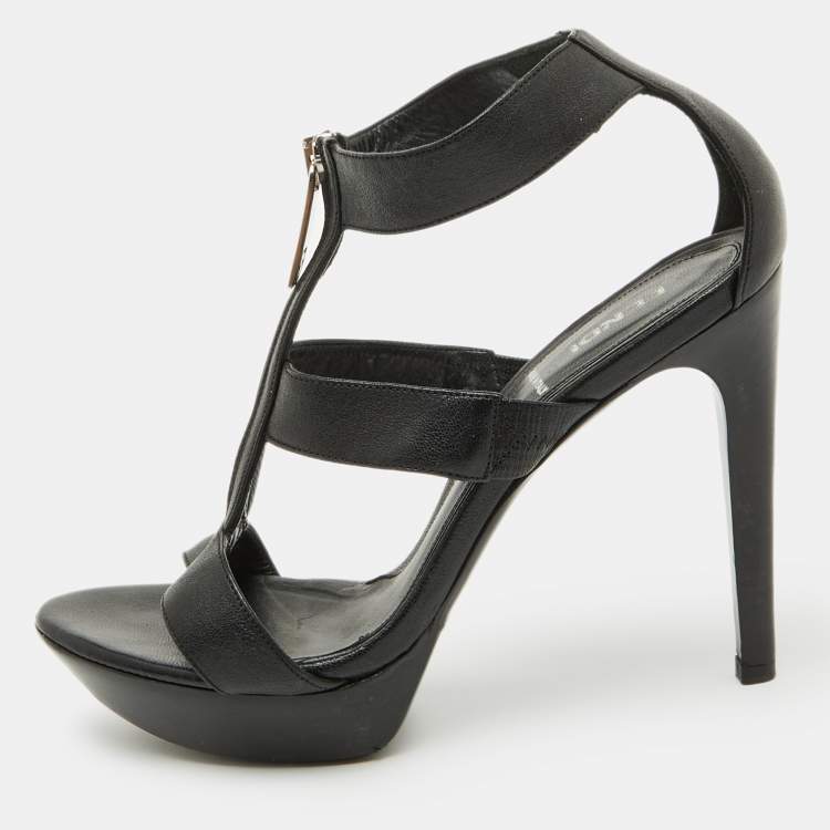 Pre Owned Fendi Black Leather Zipper Strappy Platform Sandals Size 37.5