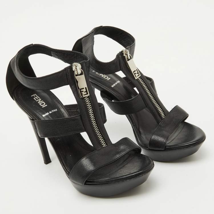 Pre Owned Fendi Black Leather Zipper Strappy Platform Sandals Size 37.5