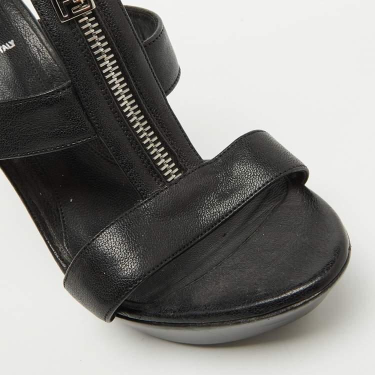 Pre Owned Fendi Black Leather Zipper Strappy Platform Sandals Size 37.5